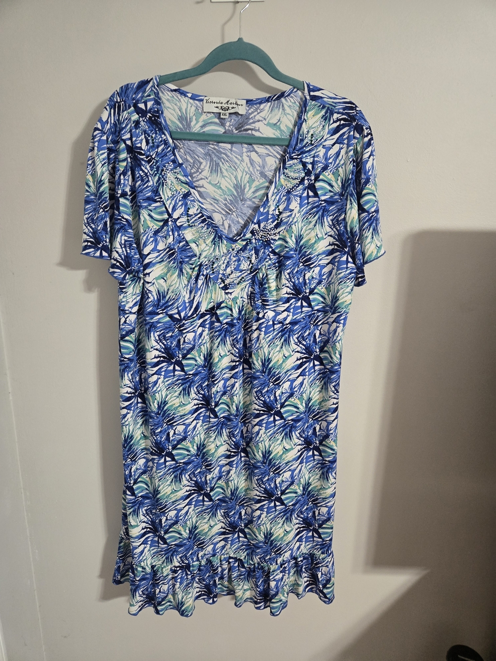 Tropical Print V-Neck Midi Dress - Blue/Green